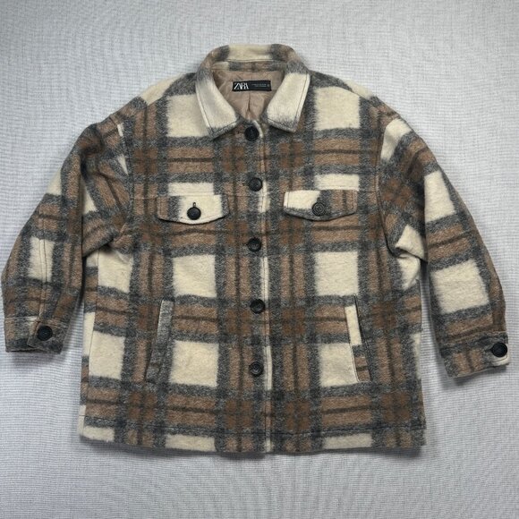 Zara Plaid Wool Blend Overshirt Jacket Brown Cream Button-Down Pockets Size XXL - Picture 1 of 14